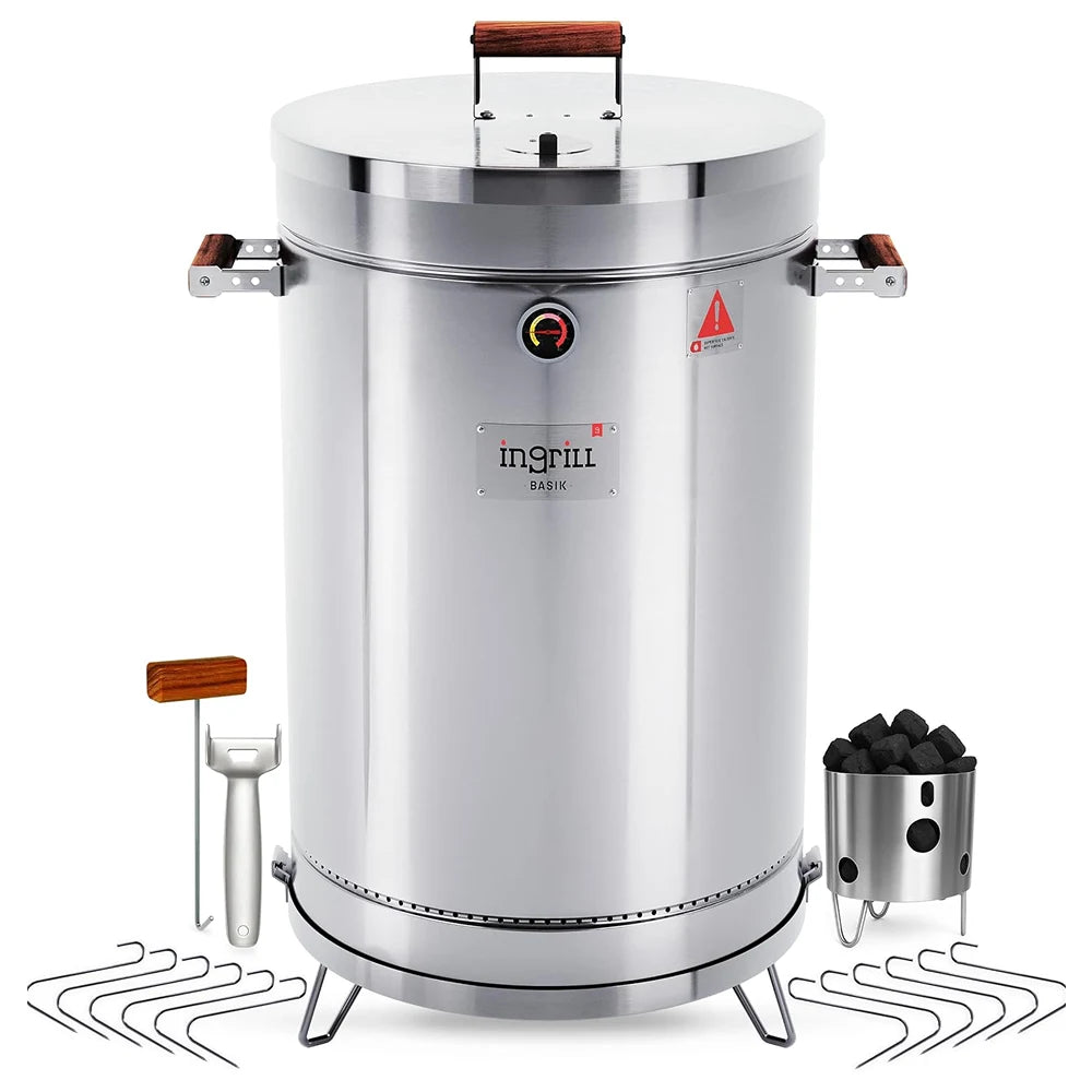 INGRILL 3-in-1 Basic Large Stainless Steel Smoker Barrel Grill – Portable Charcoal BBQ with Thermometer, 40 lbs, Perfect for Camping, Backyard & Home BBQ
