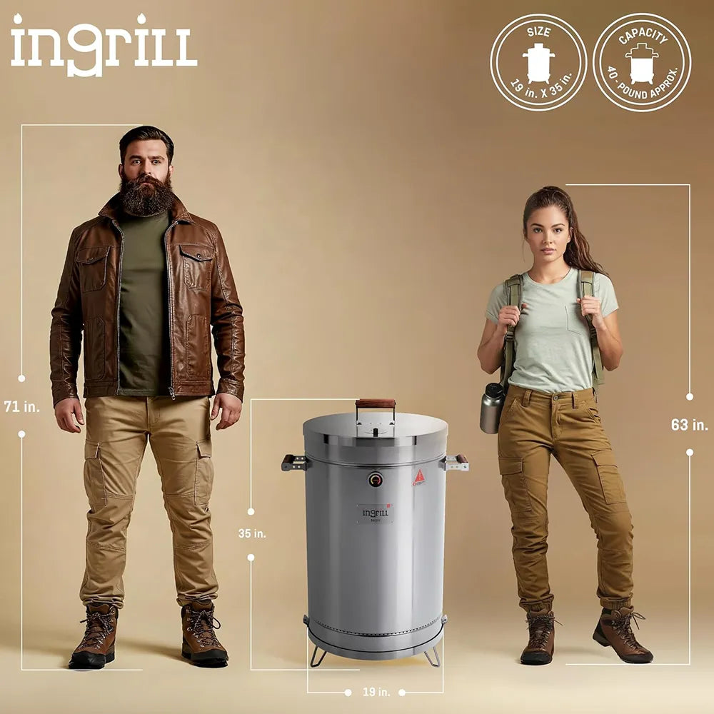 INGRILL 3-in-1 Basic Large Stainless Steel Smoker Barrel Grill – Portable Charcoal BBQ with Thermometer, 40 lbs, Perfect for Camping, Backyard & Home BBQ