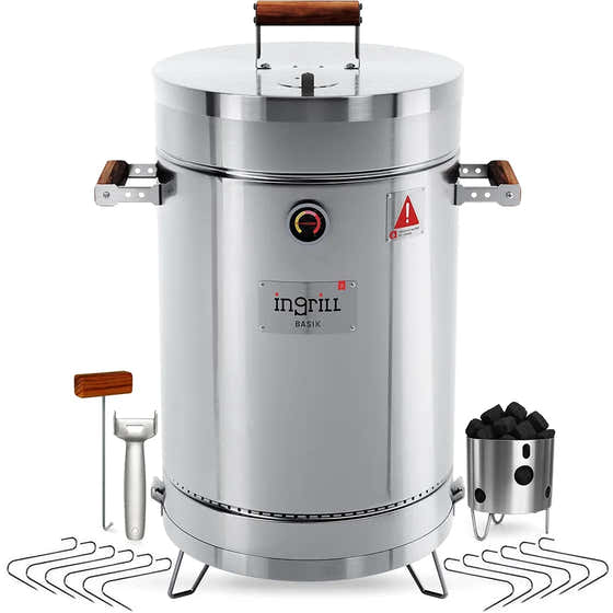 INGRILL 3-in-1 Basic Medium Stainless Steel Smoker Barrel Grill – Portable Charcoal BBQ with Thermometer, 25 lbs, Perfect ...