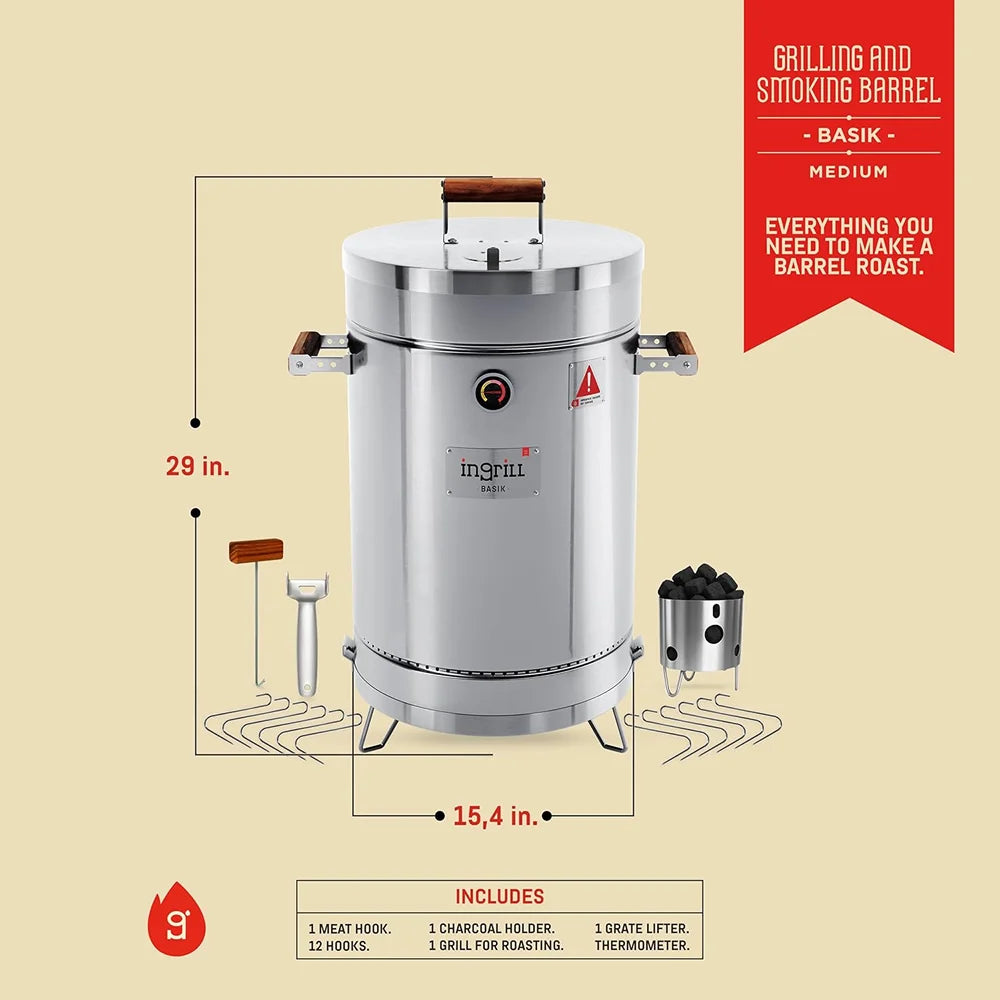INGRILL 3-in-1 Basic Medium Stainless Steel Smoker Barrel Grill – Portable Charcoal BBQ with Thermometer, 25 lbs, Perfect for Camping, Backyard & Home BBQ