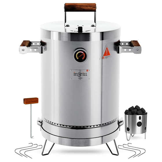 INGRILL 3-in-1 Basic Mini Stainless Steel Charcoal Smoker Grill – Ultra-Portable BBQ with Thermometer &amp; Accessories, 6...