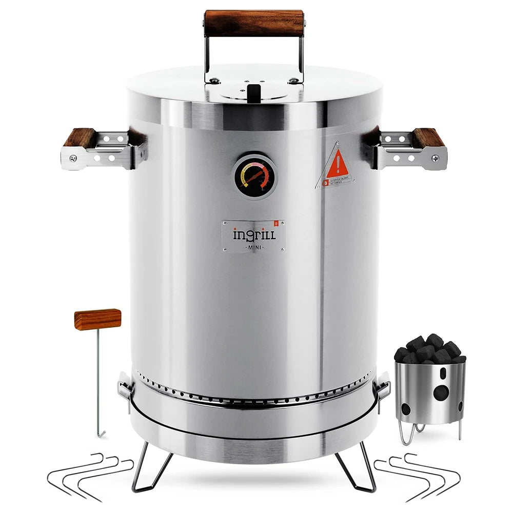 INGRILL 3-in-1 Basic Mini Stainless Steel Charcoal Smoker Grill – Ultra-Portable BBQ with Thermometer & Accessories, 6 lbs, Perfect for Camping, Backyard & Home BBQ