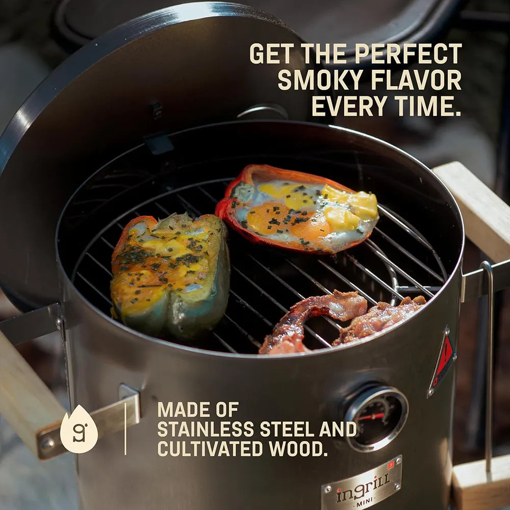 INGRILL 3-in-1 Basic Mini Stainless Steel Charcoal Smoker Grill – Ultra-Portable BBQ with Thermometer & Accessories, 6 lbs, Perfect for Camping, Backyard & Home BBQ