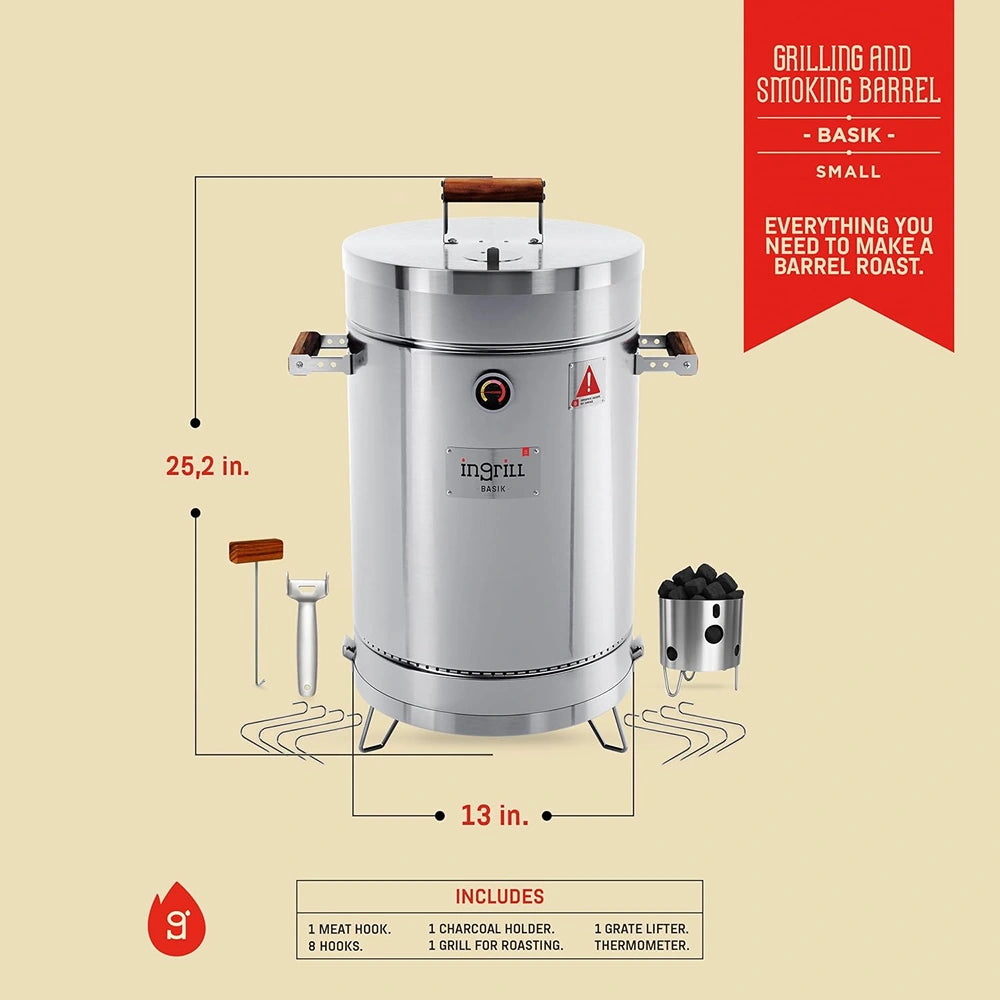 INGRILL 3-in-1 Basic Small Stainless Steel Smoker Barrel Grill – Portable Charcoal BBQ with Thermometer, 12 lbs, Perfect for Camping, Backyard & Home BBQ