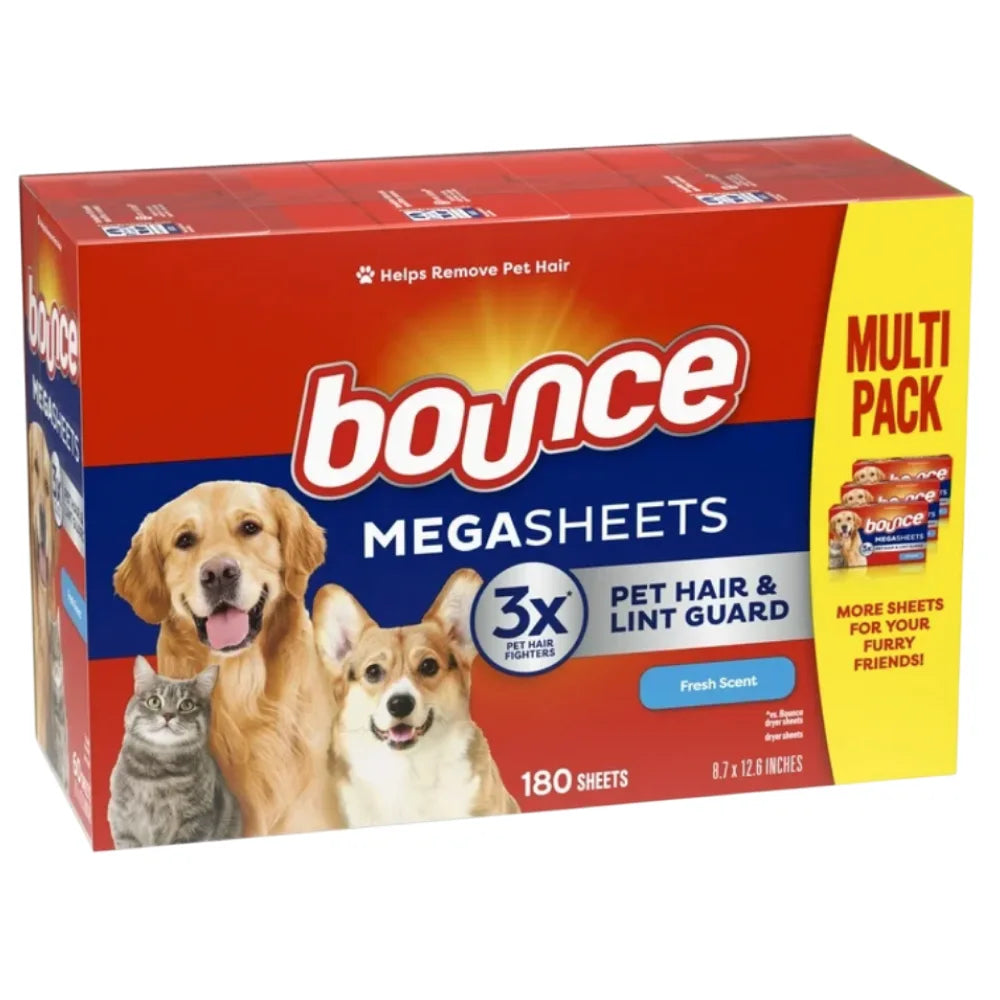 Bounce - Pet Hair and Lint Guard Mega Fabric Softener Dryer Sheets with 3X, Fresh Scent - 180 Ct - 3 Pack