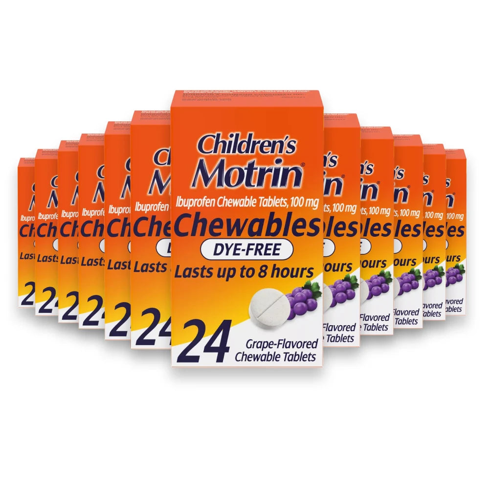 Children's Motrin - Dye-Free Pain Reliever and Fever Reducer Ibuprofen (NSAID) ChewableTablets, Grape Flavor - 24 Count Each - 24 Pack