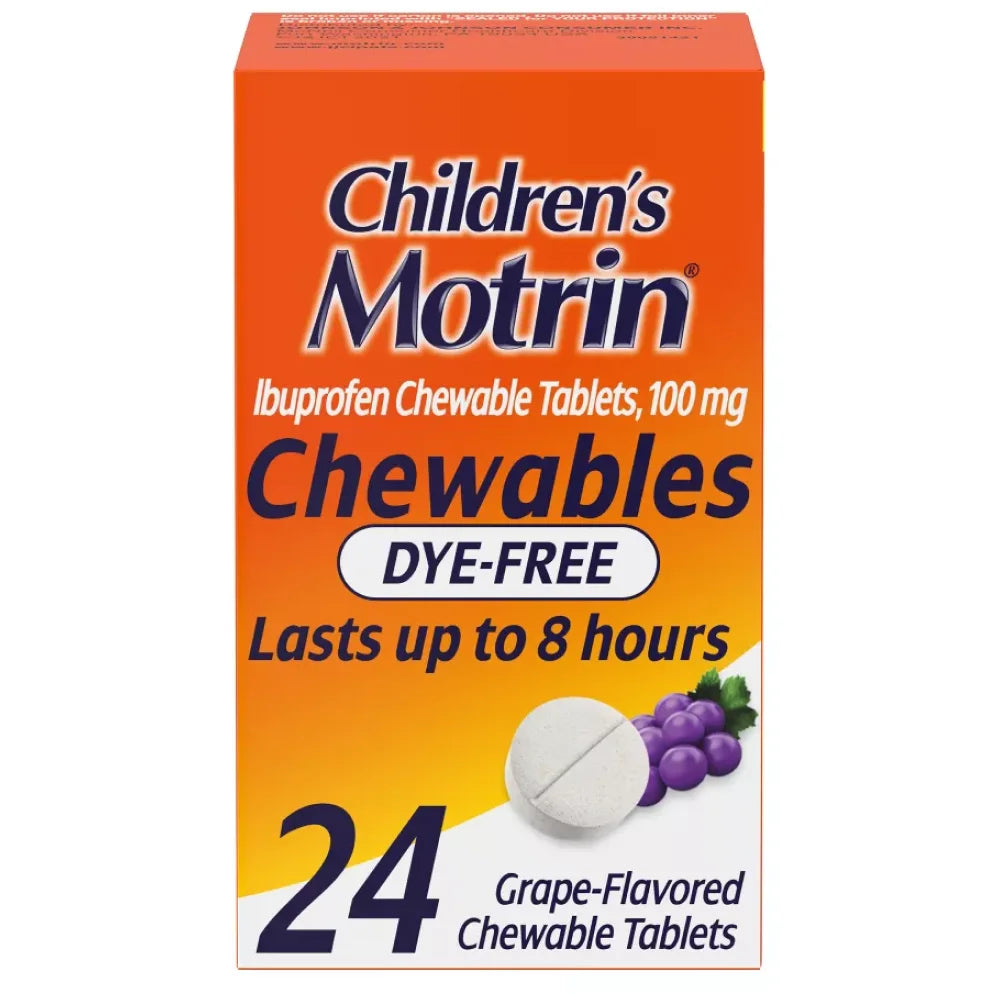 Children's Motrin - Dye-Free Pain Reliever and Fever Reducer Ibuprofen (NSAID) ChewableTablets, Grape Flavor - 24 Count Each - 24 Pack
