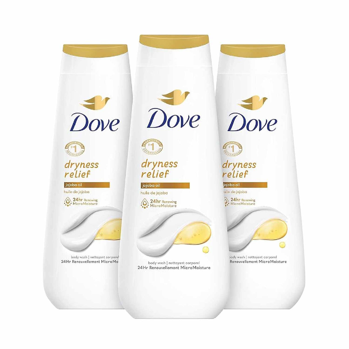 Dove - Body Wash Dryness Relief, Gentle Skin Cleanser, Jojoba Oil - 20 Oz - 3 Pack - OPEN BOX