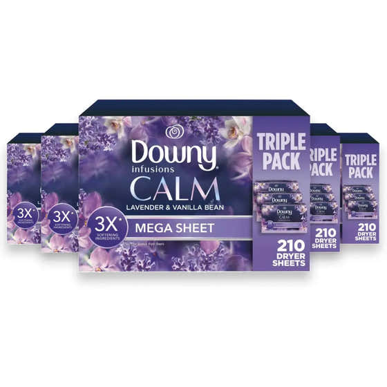 Downy - Infusions Calm Mega Dryer Sheets &amp; Laundry Fabric Softener, Lavender and Vanilla Bean - 210 Count - 5 Pack | D...
