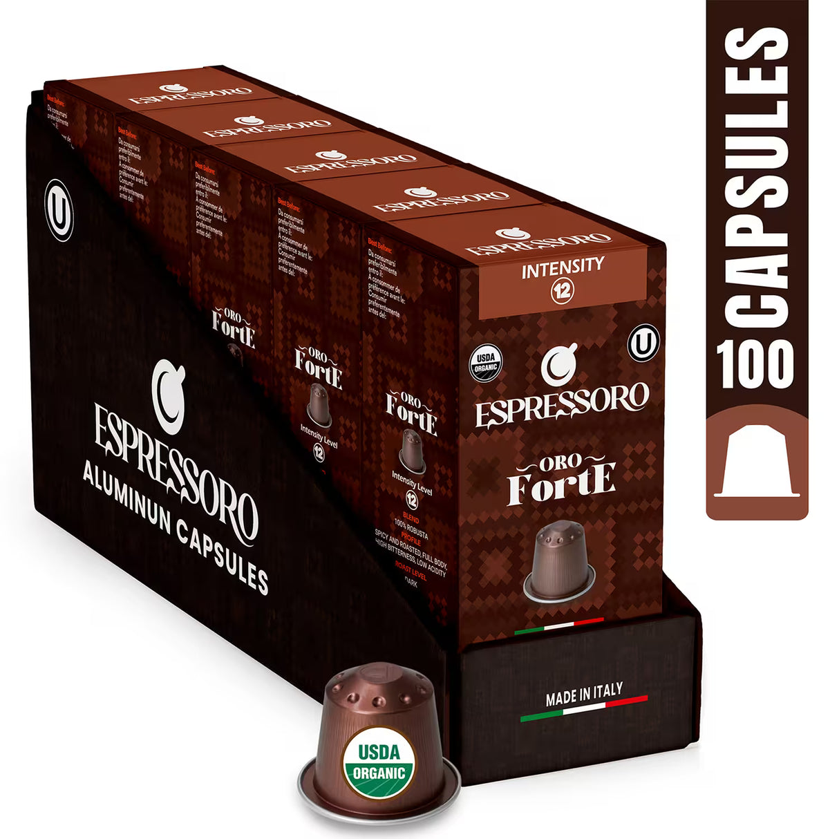 Espressoro - Capsules compatible with Nespresso Original Line. Premium Blend, Organic Coffee, Aluminum Capsule, Forte 1x100