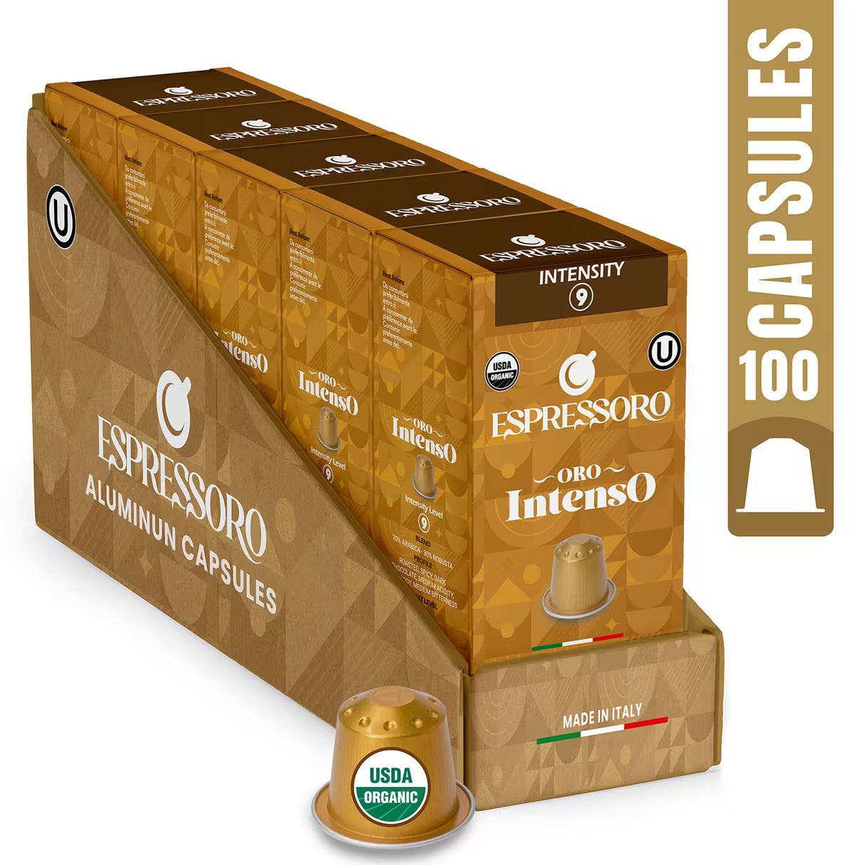 Espressoro - Capsules compatible with Nespresso Original Line. Premium Blend, Organic Coffee, Aluminum Capsule, Intenso 1x100