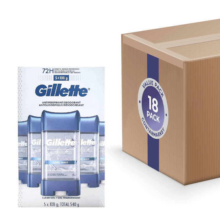 Gillette - Anti-perspirant &amp; Deodorant Clear Gel, Cool Wave - 3.8 Oz, 5 ct each - 18 Pack | Gillette - Volume Discount