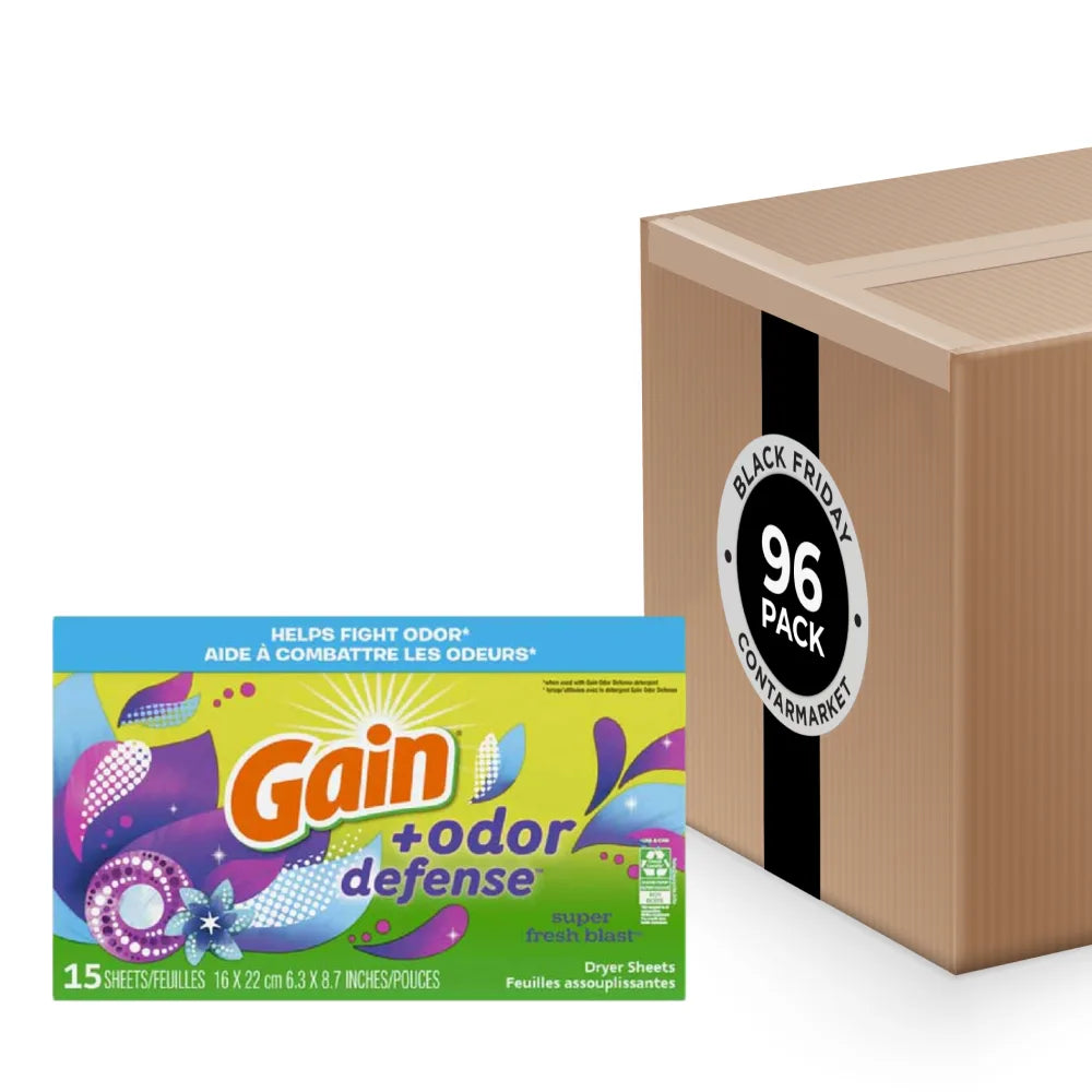 Gain - Odor Defense Dryer Sheets, Super Fresh Blast Scent - 15ct - 96 Pack
