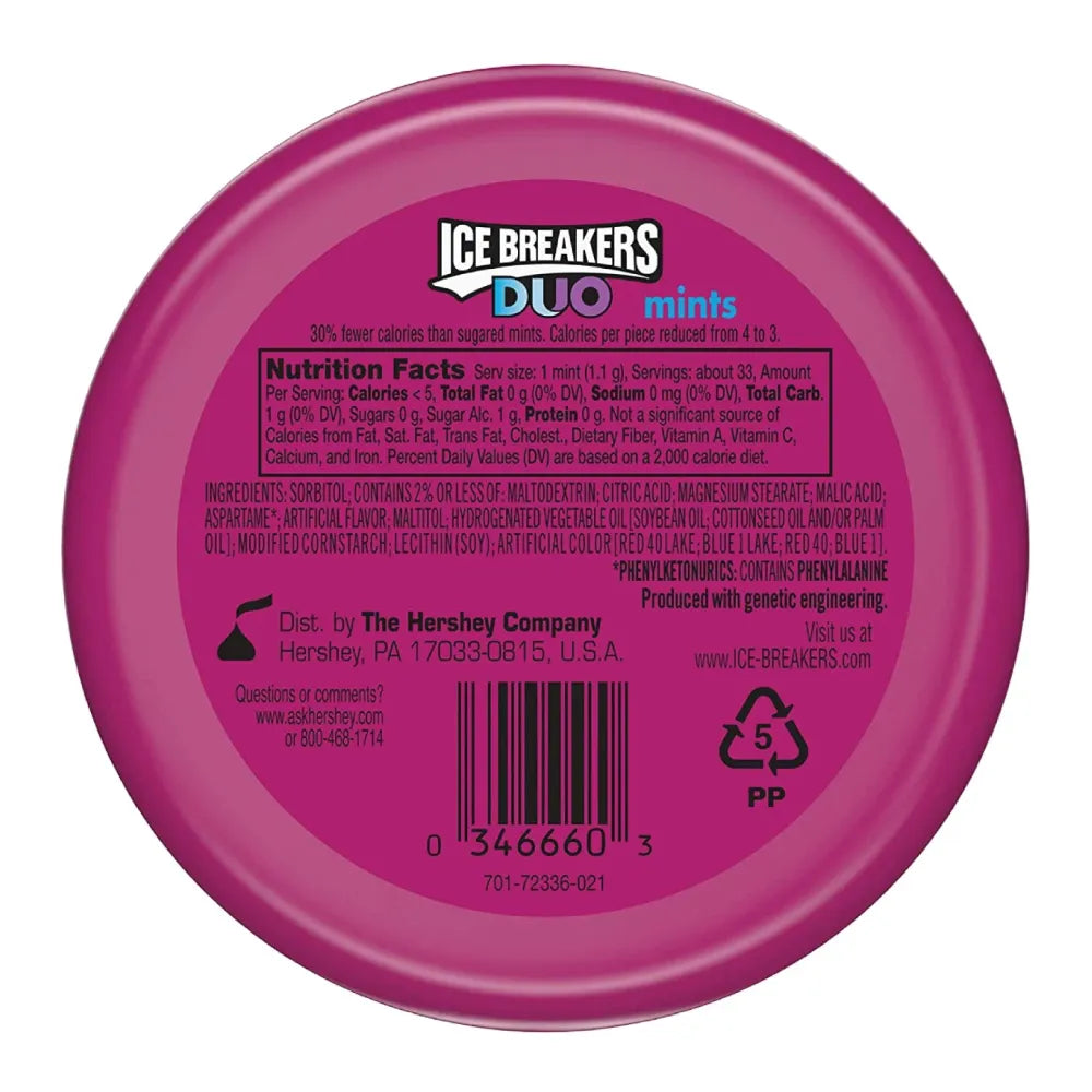Ice Breakers - Sugar Free Mints, DUO Raspberry & Mint, 10.4 Oz - 8 Ct Each, 24 Pack (Wholesale Bulk Case)