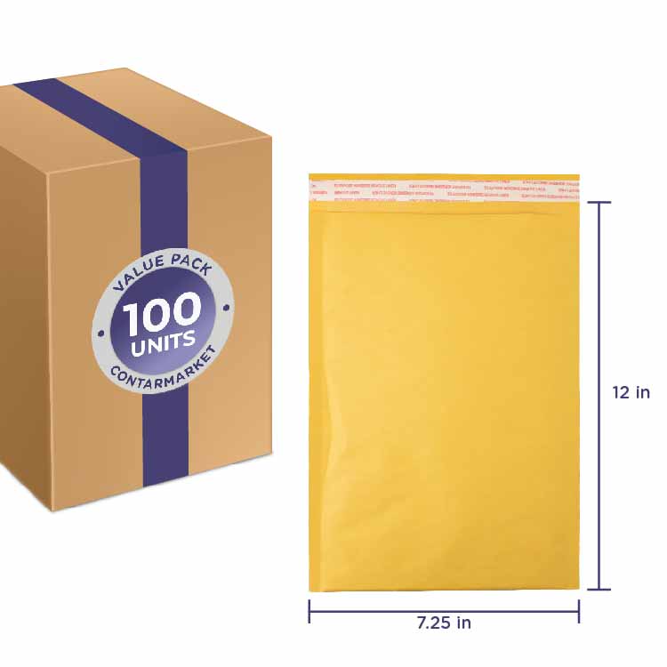 Kraft 3/16'' Bubble Lining Mailers, Paper Pressure 70 lb, Size: 7.25''x12'' Inches - 100 Pack