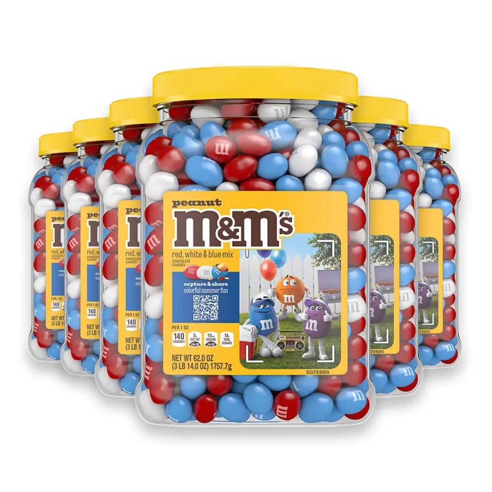 M&M's - Peanut Red, White and Blue Milk Chocolate Bulk Candy Jar - 62 Oz - 6 Pack