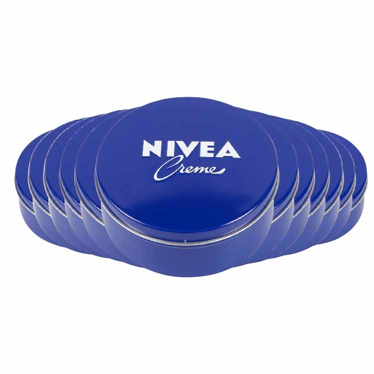 Bulk pack of Nivea Creme blue tins on white background