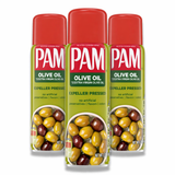 Three cans of Pam Olive Oil cooking spray on a white background