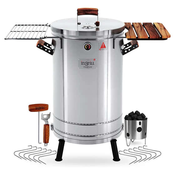 INGRILL 3-in-1 Premium Stainless Steel Smoker Barrel Grill – Portable Charcoal BBQ with Thermometer, 40 lbs, Perfect for C...