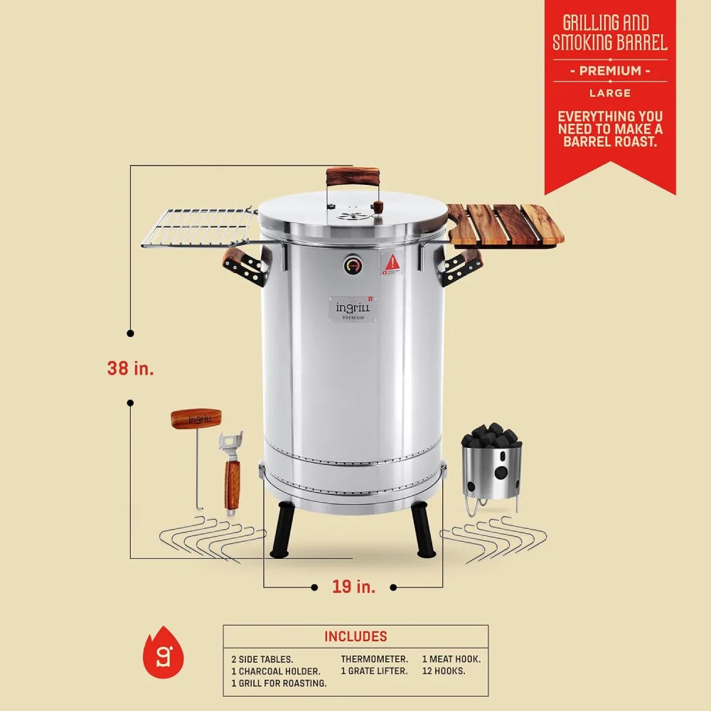 INGRILL 3-in-1 Premium Stainless Steel Smoker Barrel Grill – Portable Charcoal BBQ with Thermometer, 40 lbs, Perfect for Camping, Backyard & Home BBQ - Large Size -