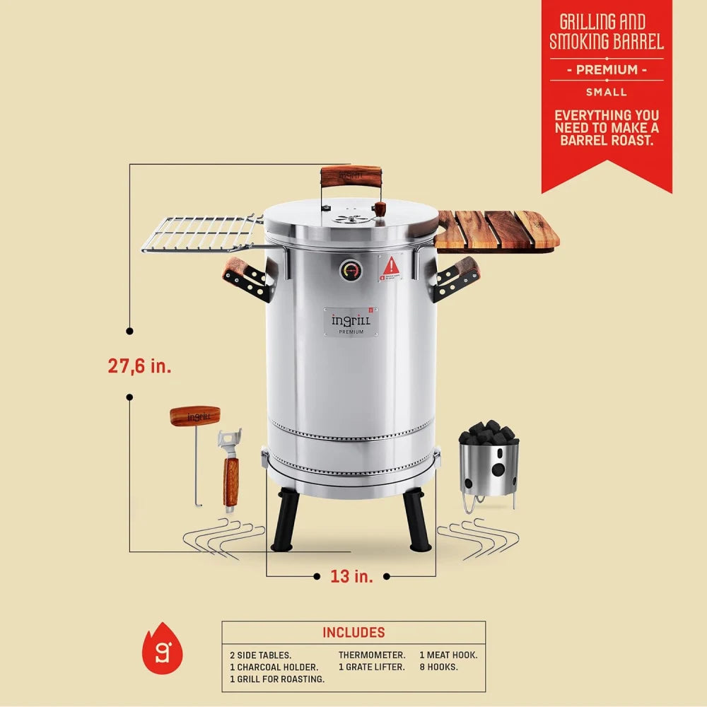 INGRILL 3-in-1 Premium Stainless Steel Smoker Barrel Grill – Portable Charcoal BBQ with Thermometer, 12 lbs, Perfect for Camping, Backyard & Home BBQ - Small Size --