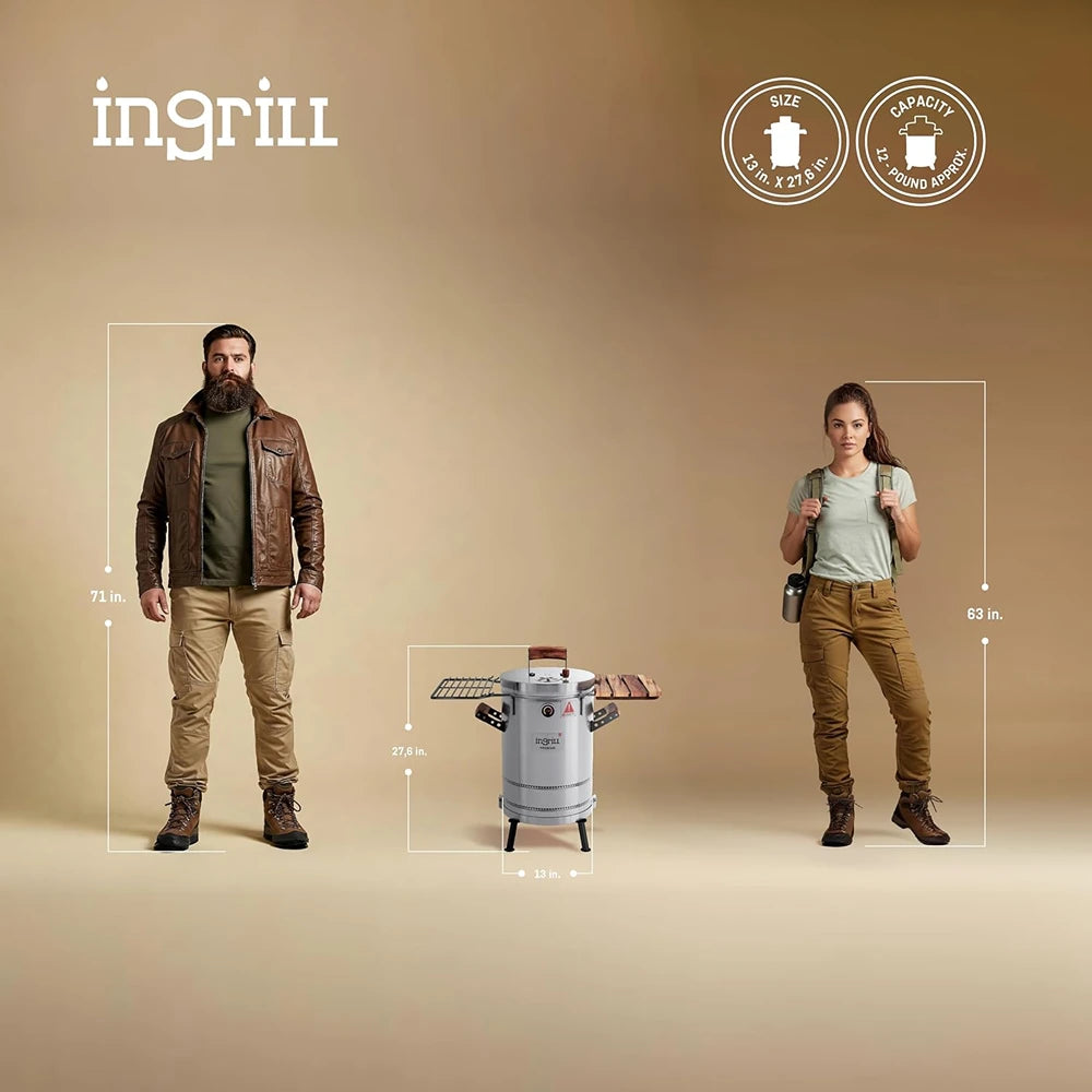 INGRILL 3-in-1 Premium Stainless Steel Smoker Barrel Grill – Portable Charcoal BBQ with Thermometer, 12 lbs, Perfect for Camping, Backyard & Home BBQ - Small Size --