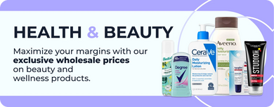 Health and beauty products with promotional text on a purple and white background