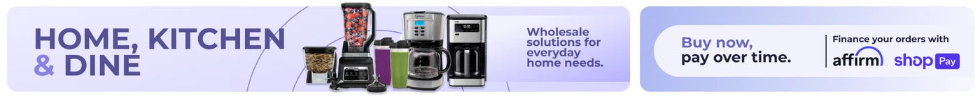 Promotional banner for home, kitchen, and dine products with images of kitchen appliances and text about financing options.