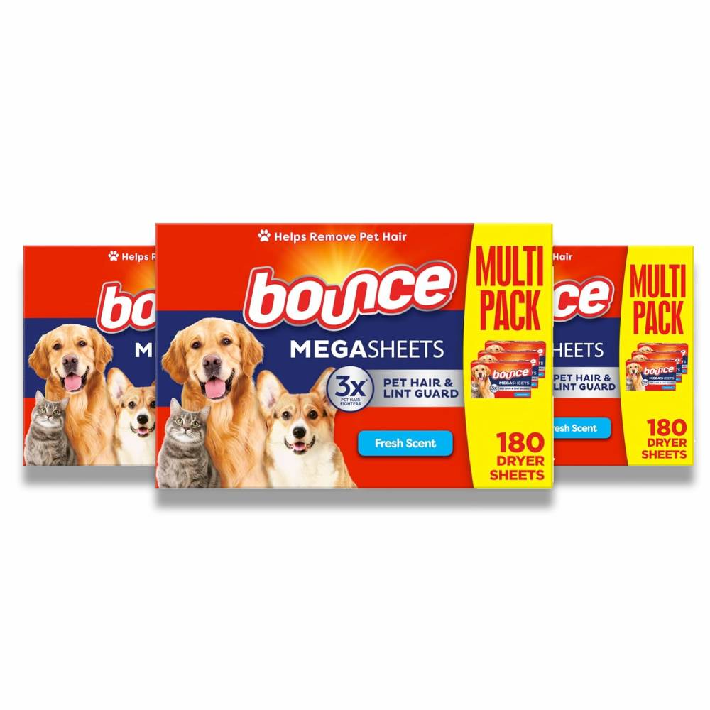 Bounce - Pet Hair and Lint Guard Mega Fabric Softener Dryer Sheets with 3X, Fresh Scent - 180 Ct - 3 Pack