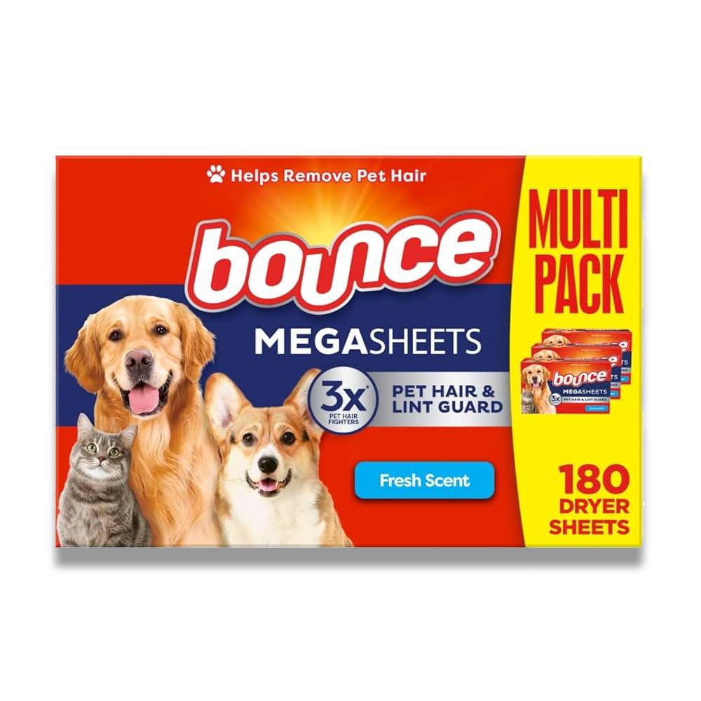 Bounce - Pet Hair and Lint Guard Mega Fabric Softener Dryer Sheets with 3X, Fresh Scent - 180 Ct - 3 Pack