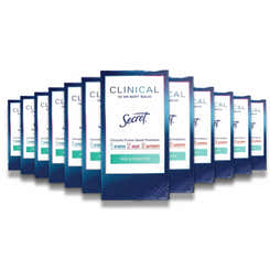 A 12-pack of Secret Clinical Strength Soft Solid Antiperspirant & Deodorant in Free & Sensitive scent, with each stick weighing 1.6 oz.