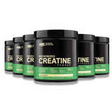 Six jars of Optimum Nutrition Micronized Creatine Powder, unflavored, arranged side by side against a white background.