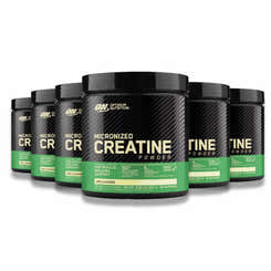 Six jars of Optimum Nutrition Micronized Creatine Powder, unflavored, arranged side by side against a white background.