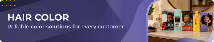 Promotional banner for hair color products, featuring the text 'HAIR COLOR Reliable color solutions for every customer' on a purple background, with a photo of several hair dye bottles on a shelf to the right.