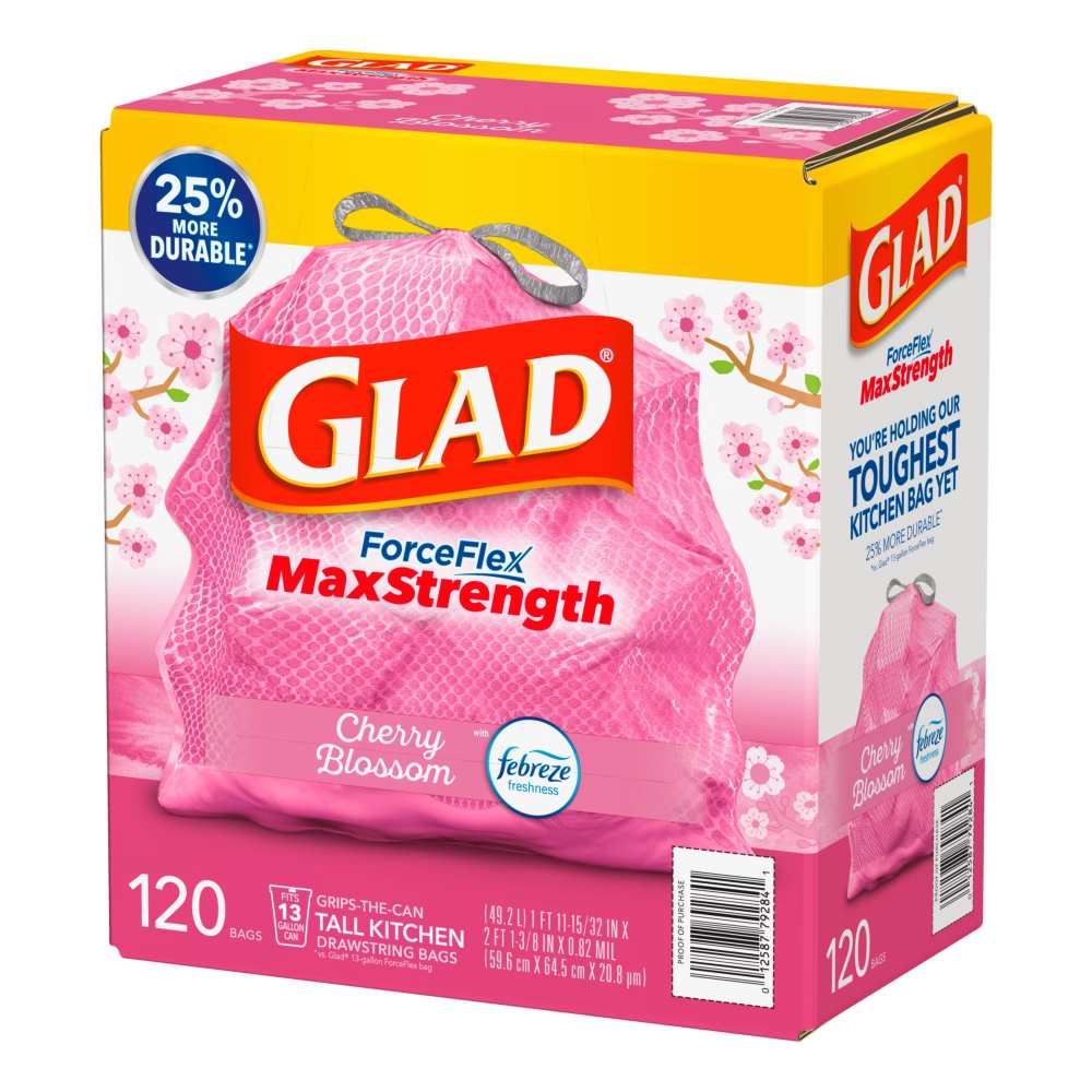 Glad ForceFlex MaxStrength Tall Trash Bags - Cherry Blossom with Febreze Freshness, 120 ct / 13 gal