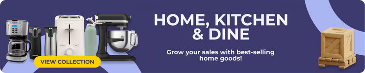 Promotional banner for home, kitchen, and dine products with appliances.