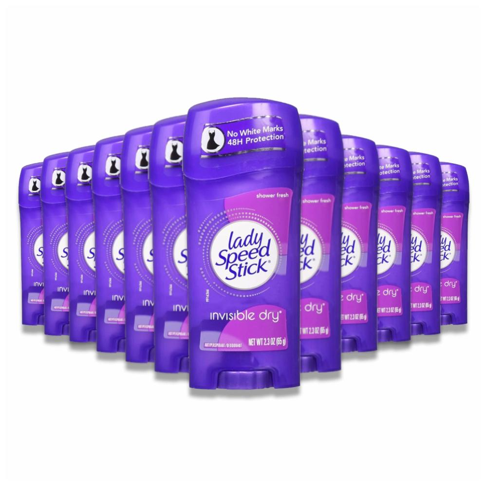 A pack of twelve Lady Speed Stick Invisible Dry Antiperspirant & Deodorant sticks in Shower Fresh scent.