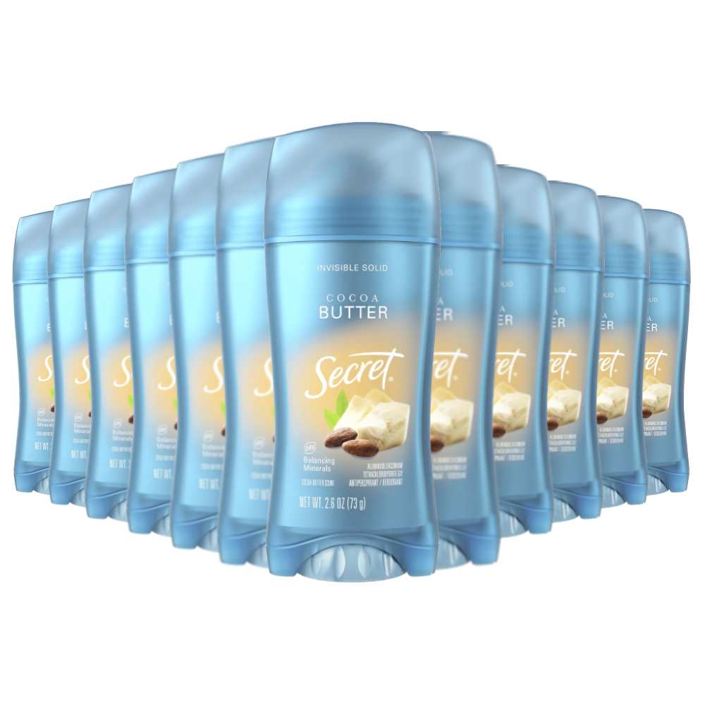 Multiple bottles of Secret deodorant with a focus on the product packaging.