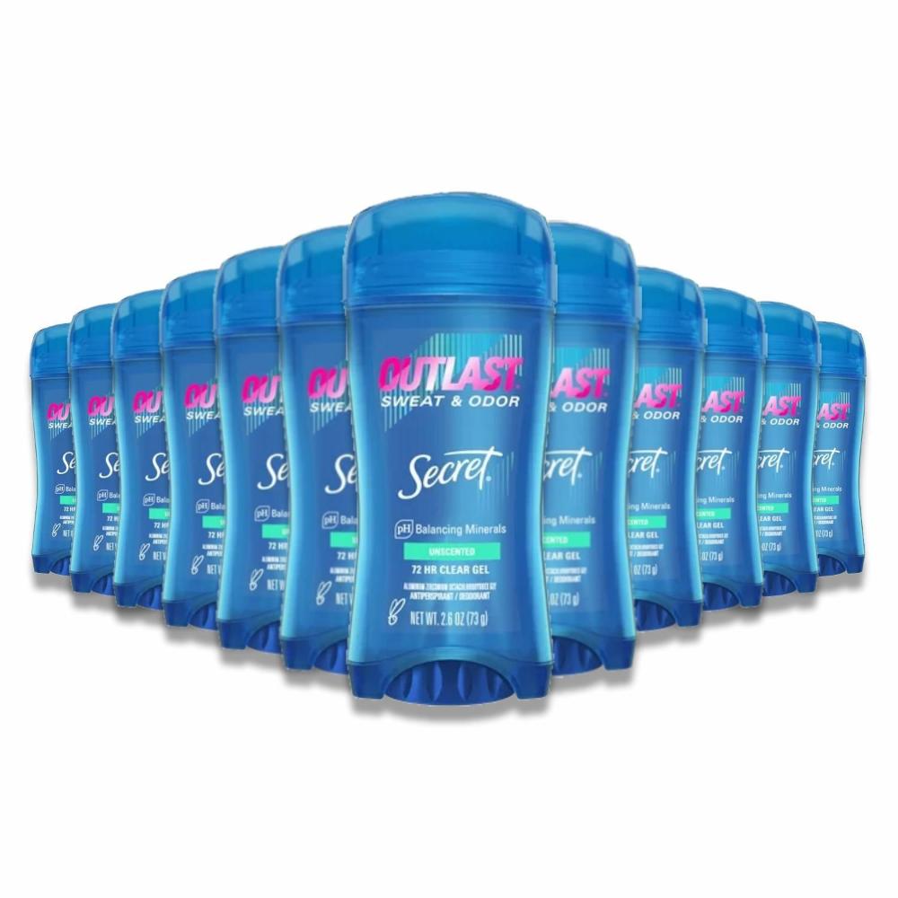 A 12-pack of Secret Outlast Clear Gel Unscented Antiperspirant & Deodorant in blue and white bottles.