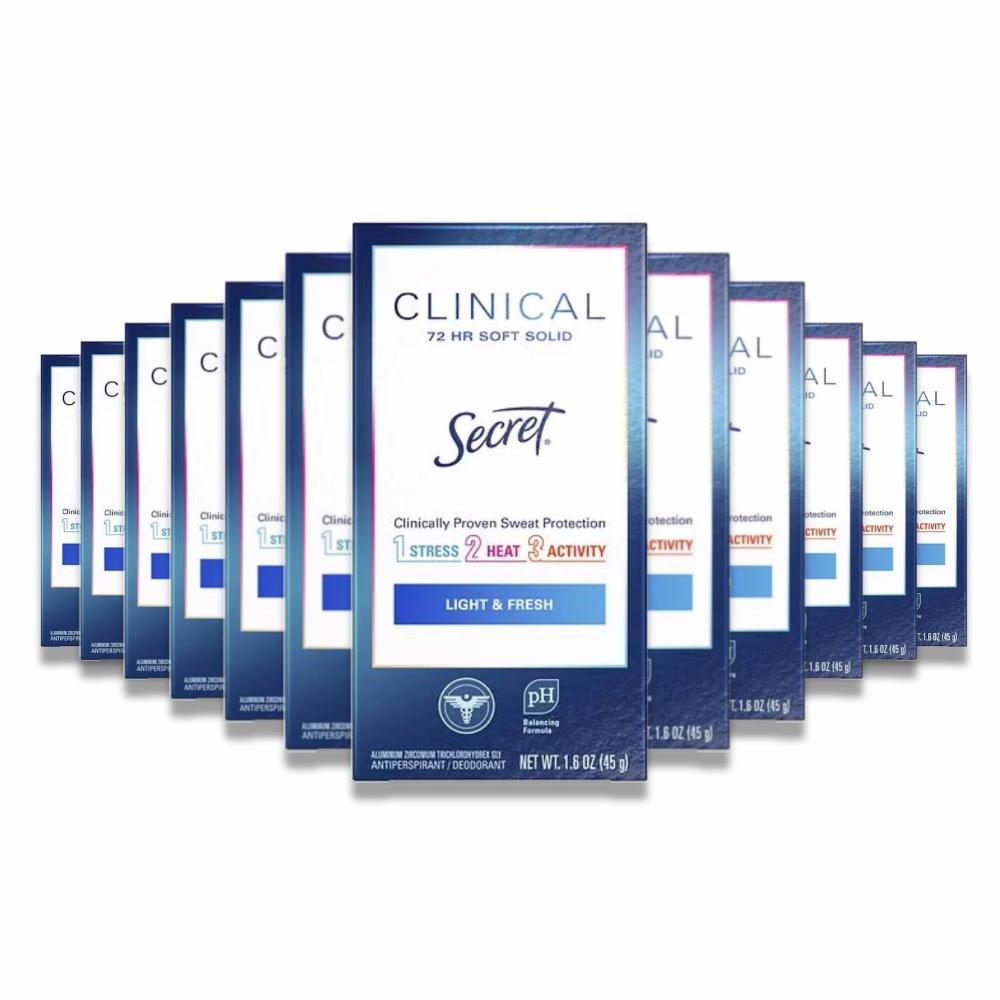 A pack of 12 Secret Clinical Strength Soft Solid Light & Fresh Antiperspirant & Deodorant sticks