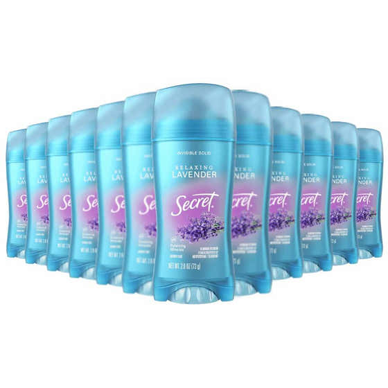 Multiple bottles of Secret deodorant in Relaxing Lavender scent on a white background