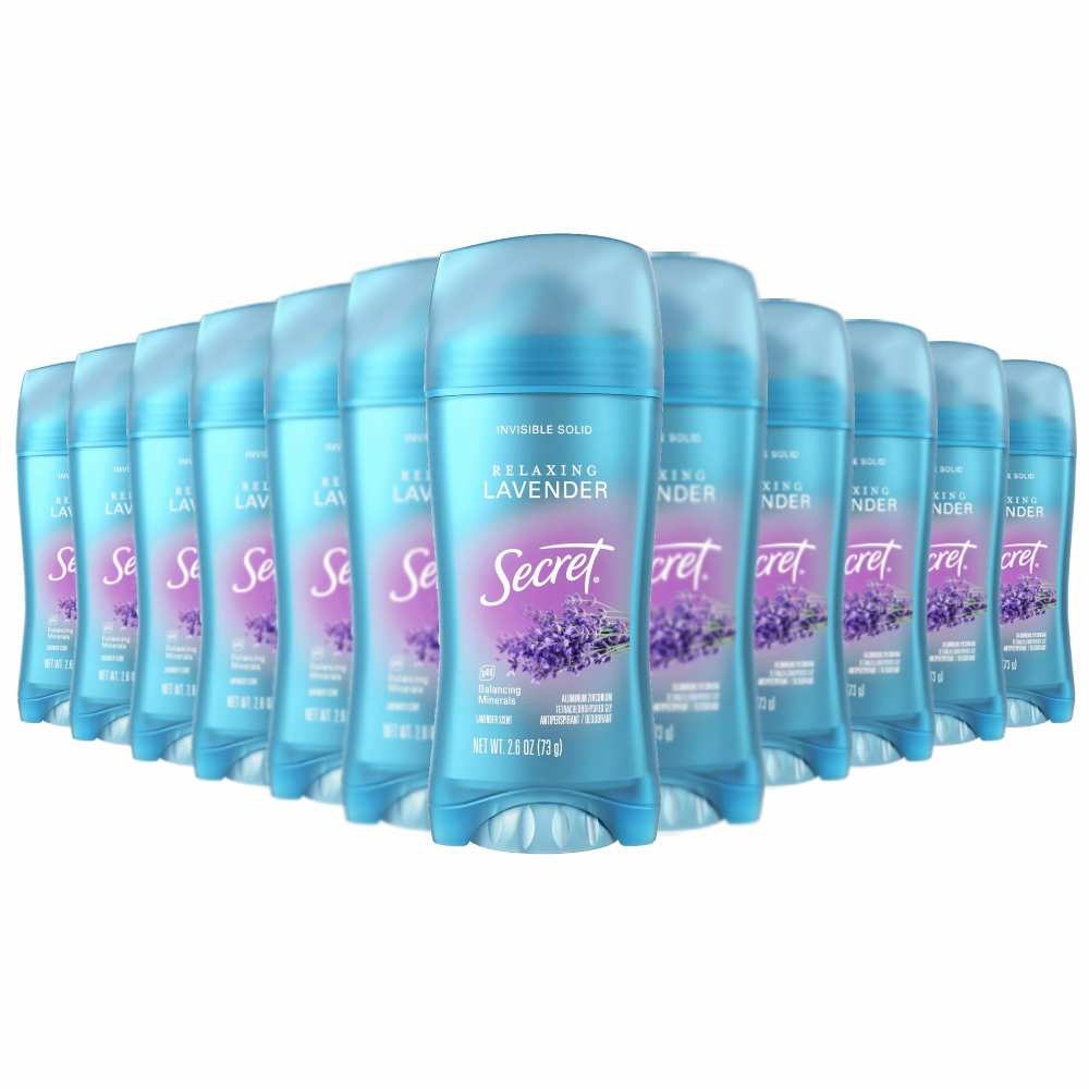 Multiple bottles of Secret deodorant in Relaxing Lavender scent on a white background