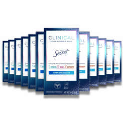 A pack of twelve Secret Clinical Strength Invisible Solid Completely Clean Antiperspirant & Deodorant bottles.