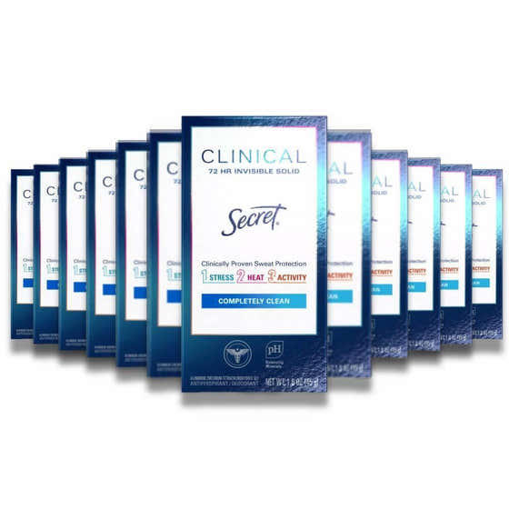 A pack of twelve Secret Clinical Strength Invisible Solid Completely Clean Antiperspirant & Deodorant bottles.