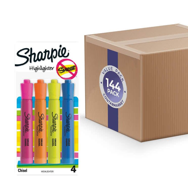 Sharpie Highlighters Smear Guard Chisel Tip Multicolored 4 ct - 144 Pack | Sharpie - Volume Discount