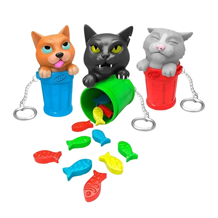 Wom - Catz  In A Trash Can Keychains With Fish Shaped Candy Gluten Free  - 6 Pack