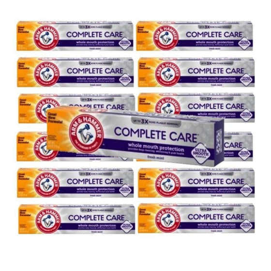 12 Pack Arm & Hammer Complete Care toothpaste tubes in Fresh Mint flavor, packaging shows the brand logo and product name.