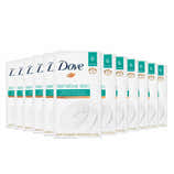 A pack of 12 Dove Beauty Bars for Sensitive Skin, Unscented, with packaging displaying the product information.