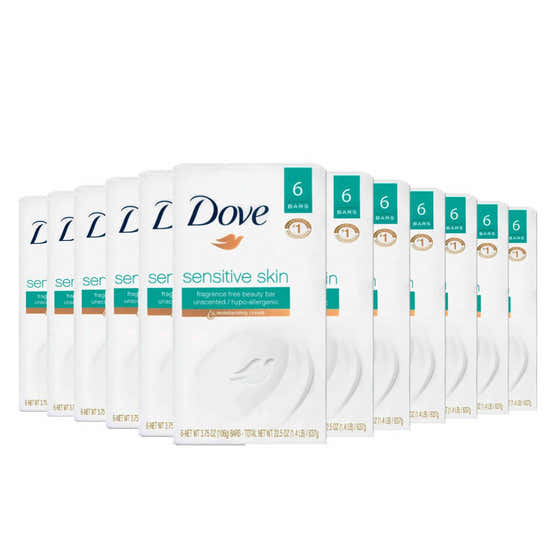 A pack of 12 Dove Beauty Bars for Sensitive Skin, Unscented, with packaging displaying the product information.