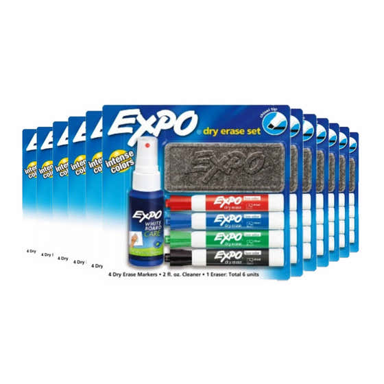 Expo Dry Erase Marker Starter Set with Eraser &amp; Cleaner Multicolored - 12 Pack | Expo - Wholesale